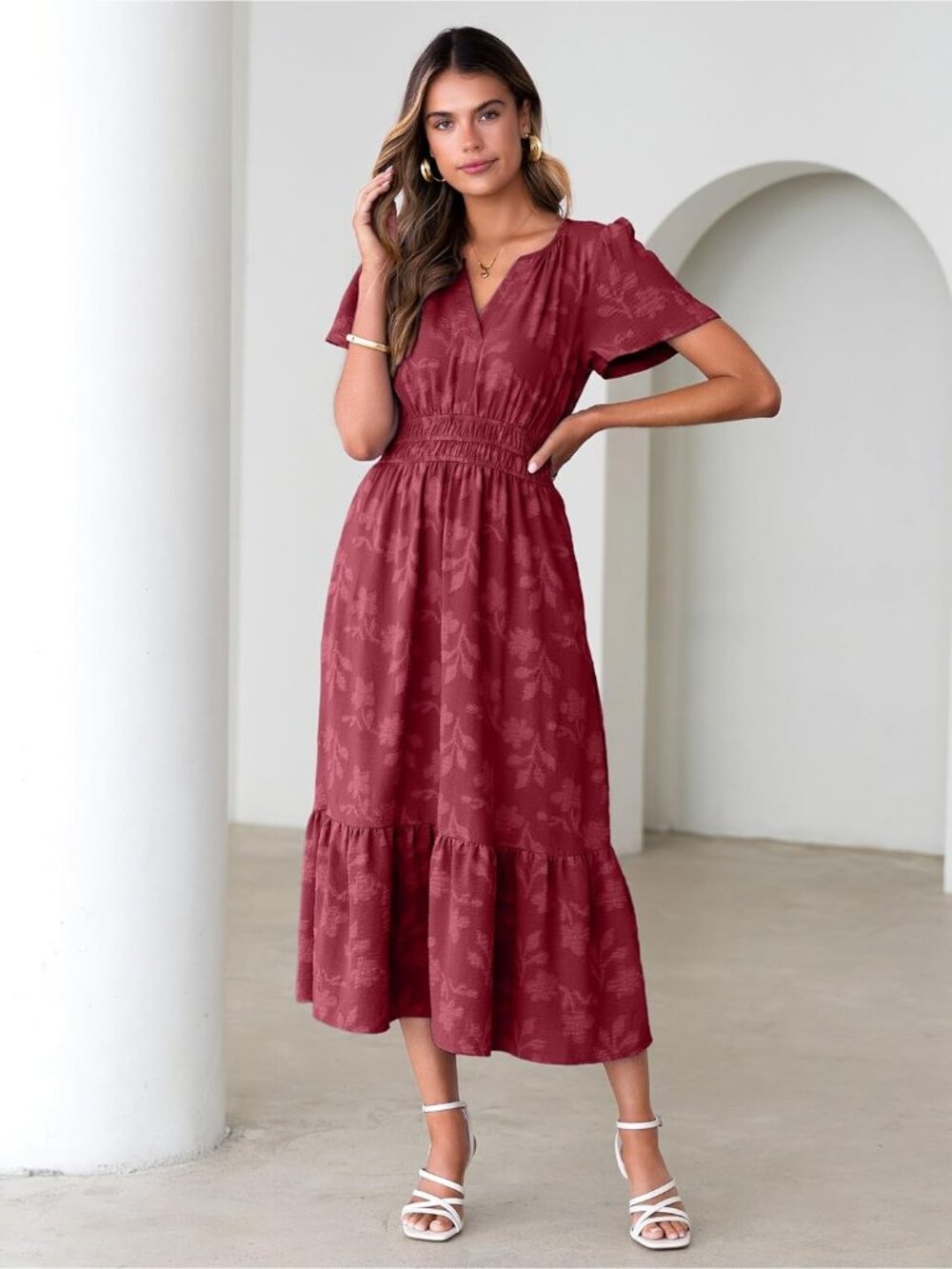 Women's Burgundy Short Sleeve V Neck Empire Waist Floral Imported Maxi Dress - Picture 6 of 6